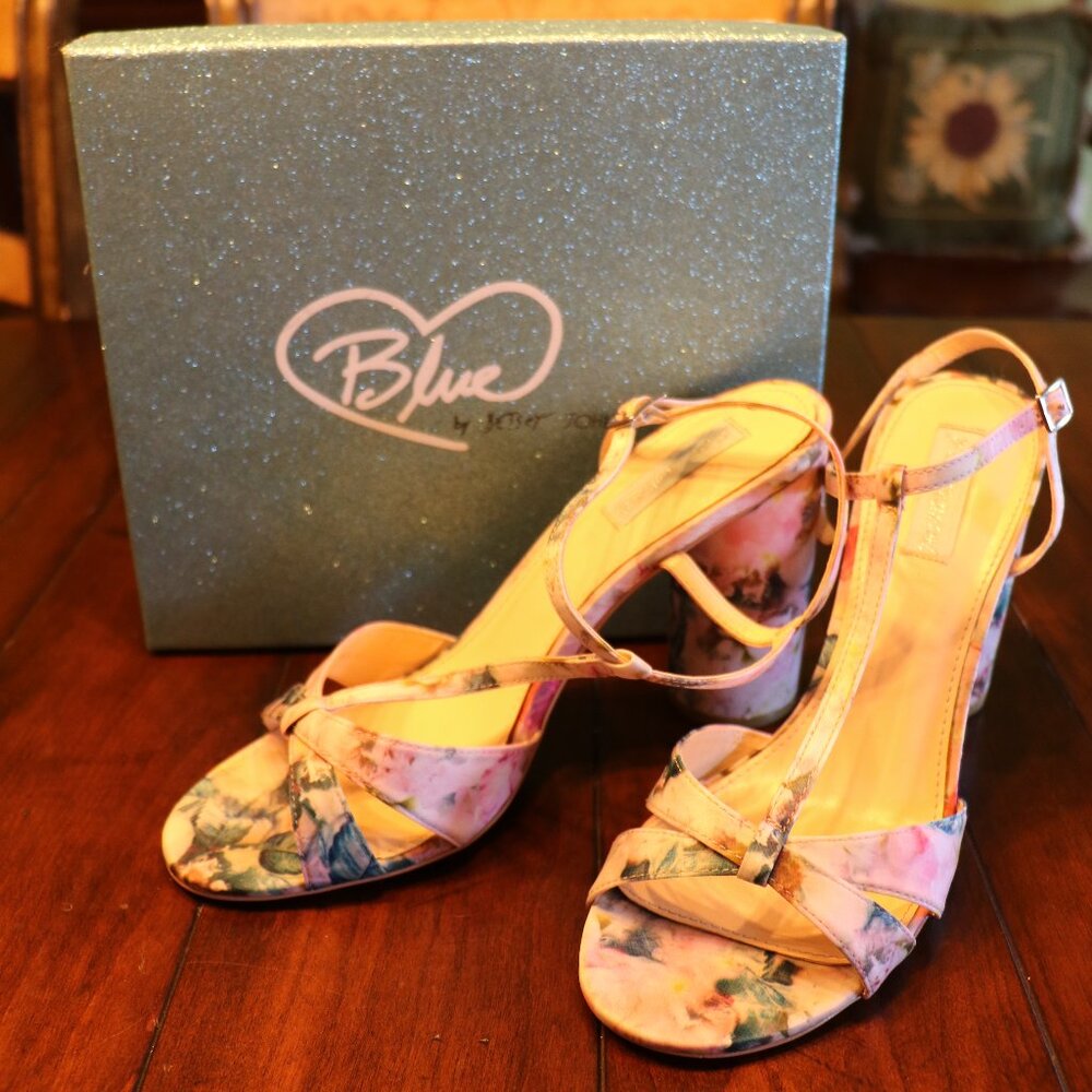 SUMMER SALE - Betsey Johnson Pink Floral Blue Bottom Heeled Sandals - 10